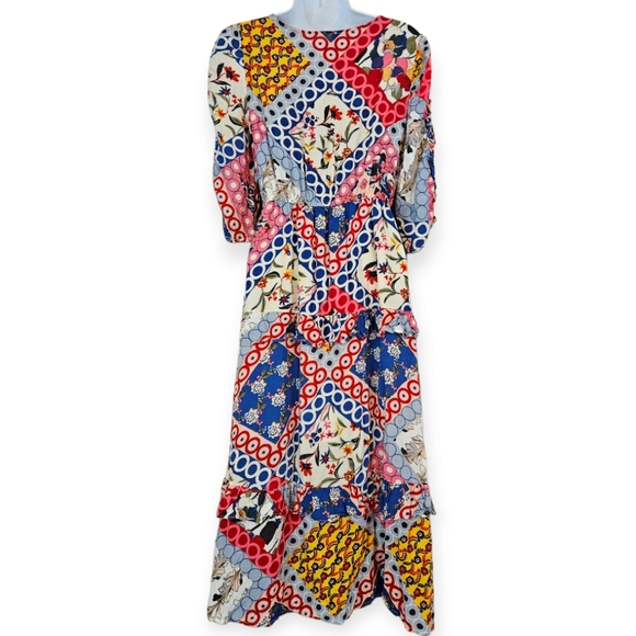 Anthropologie Lapis blue pink red yellow multi print blouson dress Women Medium - Picture 2 of 7